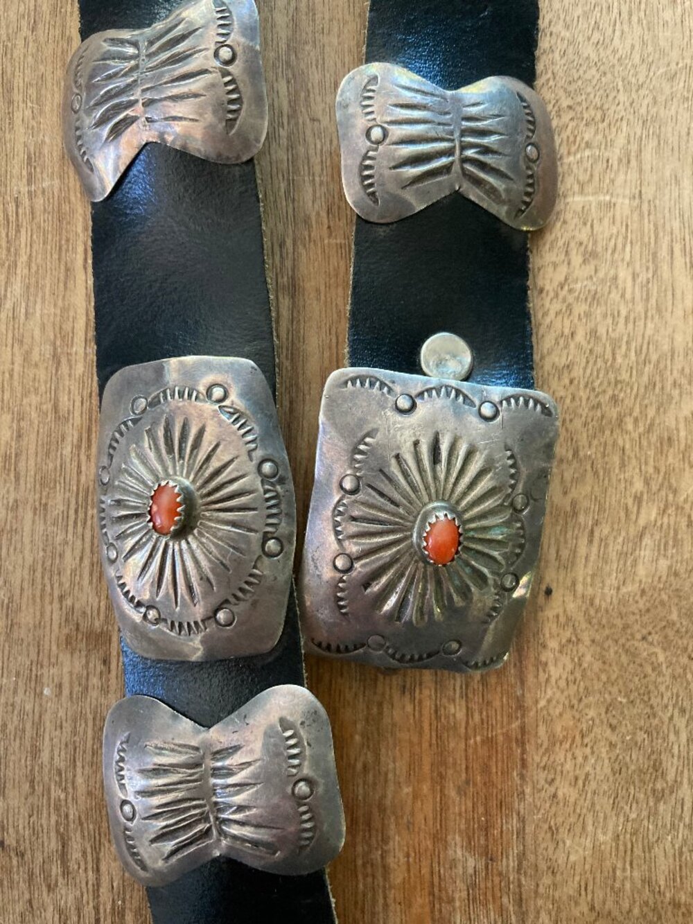AMAZING Vintage Native American Navajo Sterling Silver Coral Concho Belt SIGNED